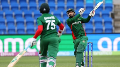 Bangladesh's Litton Das plays a shot in the air and is caught. AFP