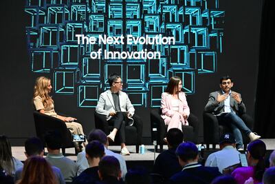 Sabrina Ortiz, a senior editor at ZDNet, Jisun Park, corporate executive vice president at Samsung, Mindy Brooks, a vice president at Google, and Vinesh Sukumar, a vice president at Qualcomm Technologies, at a forum on the sidelines of Samsung Galaxy Unpacked in Brooklyn, New York. Photo: Samsung