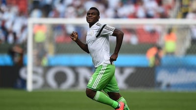 Emmanuel Emenike shown warming up before Nigeria's 2014 World Cup group match against Argentina on June 25, 2014. Jewel Samad / AFP