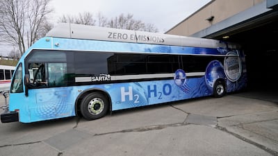 A hydrogen fuel cell bus in Canton, Ohio. Hydrogen, the most abundant element in the universe, is increasingly viewed as a vital answer to curb emissions and help address climate change concerns. Photo: AP
