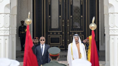 Sheikh Mohamed bin Zayed and Mohamed Ghazouani, President of Mauritania, stand for the national anthem during an official visit at Qasr Al Watan. Rashed Al Mansoori / Ministry of Presidential Affairs