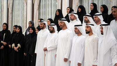Sheikh Mohamed bin Zayed, Crown Prince of Abu Dhabi and Deputy Supreme Commander of the Armed Forces (4th R) and Sheikh Tahnoon bin Mohamed Al Nahyan, Ruler's Representative in Al Ain (5th R), meet with members of Department of Health Abu Dhabi. Seen with Sheikh Abdulla bin Mohamed Al Hamed, Chairman of the Health Department and Abu Dhabi Executive Council Member. Mohamed Al Hammadi / Ministry of Presidential Affairs