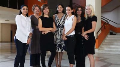 Members of the Abu Dhabi-based art collective Fanaan. From left, Daksha Bulsara, Emily Gordan, Julia Ibbini, Neena Rai, Linda Stephanian, Chritch and Jennifer Simon.
