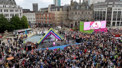 A packed Victoria Square Fan Festival area as Sir Lenny Henry takes part in the Queen's Baton Relay in Birmingham, before the start of the 2022 Commonwealth Games. Getty Images