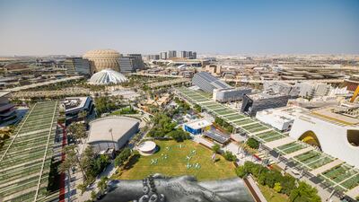 An aerial view shows a giant land art fresco by French-Swiss artist Saype, painted at Expo 2020 Dubai. Photo: Valentin Flauraud for Saype