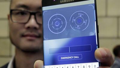 Jonathan Wong of Samsung's Knox Product Marketing, shows the iris scanner feature of the Galaxy Note 7. Richard Drew / AP Photo