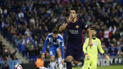 Barcelona striker Luis Suarez reacts after scoring during the Spanish La Liga match against Espanyol at RCDE Stadium in Cornella Llobregat, Spain, Saturday, April 29, 2017. Manu Fernandez / AP Photo