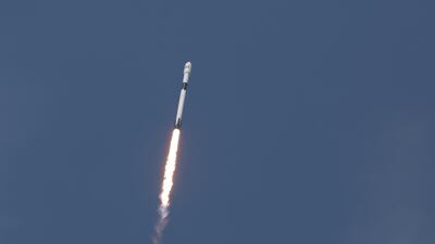 An upgraded version of the SpaceX Falcon 9 Block 5 rocket lifts off Friday, May 11, 2018 from launch pad 39A at the Kennedy Space Center carrying Bangladesh's first communications satellite. (Red Huber /Orlando Sentinel via AP)