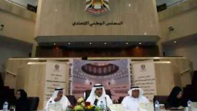 Speaker Abdul Aziz Al Ghurair, centre, secretary general Mohammed Al Mazrouei, left, and Sharjah member Obaid Al Muhairi in 2008. Photo: FNC
