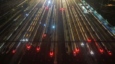 An aerial shot of high-speed trains at the Nanjing South depot in China's eastern Jiangsu province. AFP