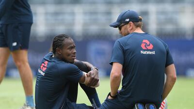 Jofra Archer chats with England physio Craig de Weyman in South Africa on January 24. Getty