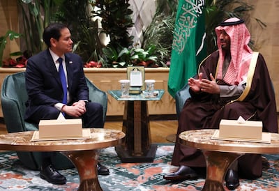 US Secretary of State Marco Rubio with Saudi Arabia's Crown Prince Mohammed bin Salman in Riyadh. AP