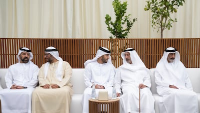 Maj Gen Pilot Sheikh Ahmed bin Tahnoon, Chairman of the National and Reserve Service Authority, Sheikh Mohamed bin Saif, Sheikh Nahyan bin Hamdan, and Rear Admiral Pilot Sheikh Saeed bin Hamdan, Commander of the UAE Naval Forces, receive mourners.