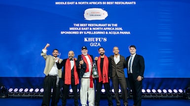 Team members from Khufu's in Giza, Egypt, collect their prize after winning the best restaurant prize for the Middle East and North Africa. Photo: Middle East & North Africa’s 50 Best Restaurants