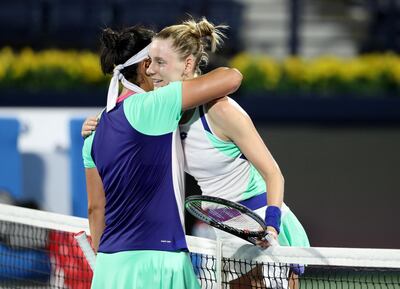 Ons Jabeur greets Alison Riske after their match on Monday. Chris Whiteoak / The National