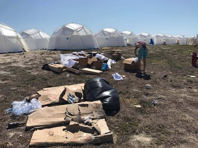 The campsite at Fyre Festival after festival-goers arrived to find their lodgings were sodden hurricane tents rather than the luxury villas they had paid for. SplashNews.com.