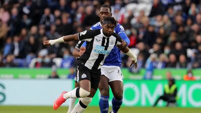 Allan Saint-Maximin (L) vies with Leicester City's Boubakary Soumare . AFP