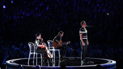 Ben Platt, right, performs 'Somewhere' during a tribute to Leonard Bernstein and Andrew Lloyd Webber Matt Sayles / Invision / AP