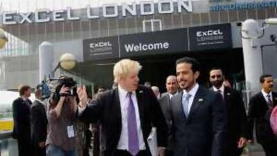 Boris Johnson, the mayor of London, and Sheikh Sultan bin Tahnoon Al Nahyan, the chairman of ADNEC, yesterday at the inauguration of the £165m extension of the ExCel London venue.