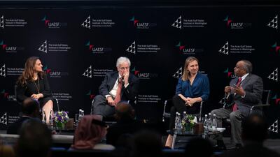 Session I: Growing Global and Regional Competition in the Horn of Africa and Red Sea, at the UAE Security Forum 2019: Reshaping the Future of the Horn of Africa, at NYUAD. From left to right: Mina Al Oraibi, Editor in Chief at The National, Ambassador Alexander Rondos, EU Special Representative for the Horn of Africa, Susan Stigant, Director of Africa Programs, United States Institute of Peace, Abdul Mohammed, Chief of Staff and Senior Political Advisor, African Union High Level Implementation Panel for Sudan and South Sudan. Reem Mohammed / The National