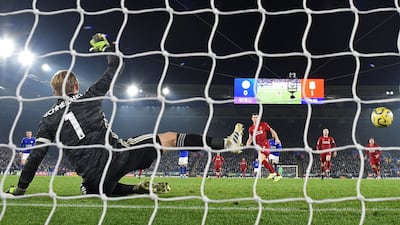 James Milner scores against Leicester City. AFP