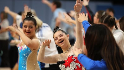 Competitors in rhythmic gymnastics dance during the Special Olympics World Games in Abu Dhabi, United Arab Emirates, on March 20, 2019. AFP