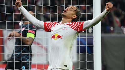 RB Leipzig's Xavi Simons celebrates their first goal scored by Lois Openda. Reuters