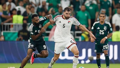 UAE's Ala Zhir is challenged by Firas Al Buraikan of Saudi Arabia in the Gulf Cup final. Saudi Arabia won the match in Jeddah 2-0. Reuters