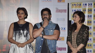 From left, Huma Qureshi, Arshad Warsi and Madhuri Dixit. IANS