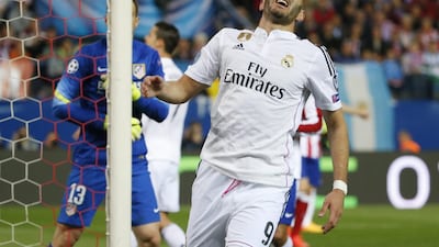 Real Madrid's Karim Benzema reacts during his side's 0-0 Champions League quarter-final first leg draw with Atletico Madrid on Tuesday night. Juan Medina / Reuters