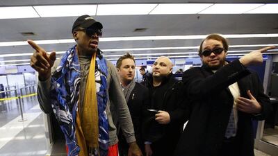 Dennis Rodman, before leaving for Pyongyang from Beijing International Airport on Thursday. Petar Kujundzic / Reuters