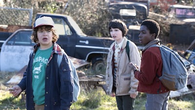 Finn Wolfhard, Gaten Matarazzo, Caleb McLaughlin in Stranger Things. Curtis Baker / Netflix