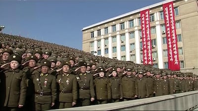 North Korean troops salute during a parade in Pyongyang, North Korea Thursday, Feb. 8, 2018. KRT / AP