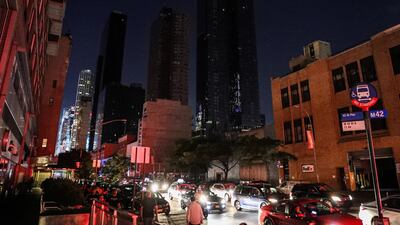 A residential building near the Times Square area, as a blackout affects buildings and traffic during widespread power outages in the Manhattan borough of New York. Reuters