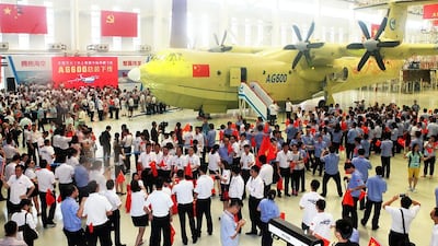A crowd at a ceremony at the weekend to unveil the AG600 amphibious plane in Zhuhai, in south China's Guangdong Province. China has completed production of the world's largest amphibious aircraft, state media has said. Courtesy China OUT