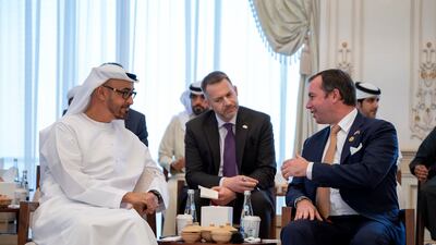 Sheikh Mohamed bin Zayed meets Guillaume, Hereditary Grand Duke of Luxembourg, during a barza, or high-level meeting, held at Sea Palace in Abu Dhabi.