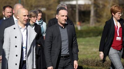 Germany's Minister for Foreign Affairs Heiko Maas (C) arrives at the informal meeting of EU Foreign Affairs ministers to discuss Idlib at Luznica Castle near Zagreb on March 5, 2020. AFP