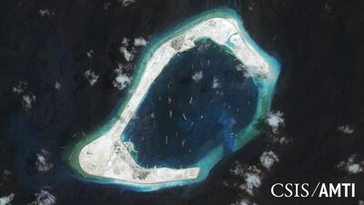 Subi reef, located in the disputed Spratly Islands in the South China Sea, shown in this satellite image taken September 3, 2015. A US guided-missile destroyer sailed close to one of China's manmade islands in the South China Sea on October 27, 2015, drawing an angry rebuke from Beijing. Handout via Reuters/CSIS asia maritime transparency Iiitiative