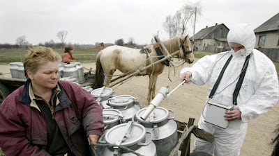 An employee from the Belarussian radiation ecology reserve measures the level of radiation on milk canisters 20 April 2006 in the village of Gubarevichi, outside the 30-km exclusion zone around the Chernobyl nuclear reactor. AFP