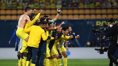 Villarreal players celebrate after reaching the Europa League semi-finals where they will take on England Premier League side Arsenal. Getty