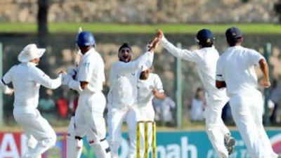 Indian cricketer Harbhajan Singh, centre, celebrates with teammates after the dismissal of Sri Lankan batsman Thilan Samaraweera during the second day of the second Test match between India and Sri Lanka at The Galle International Cricket Stadium in Galle on Aug 1, 2008.