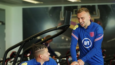 England's Kalvin Phillips and Jarrod Bowen during a gym session.