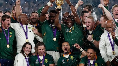 Rugby Union - Rugby World Cup - Final - England v South Africa - International Stadium Yokohama, Yokohama, Japan -South Africa players celebrate with the Webb Ellis trophy after winning the World Cup Final REUTERS