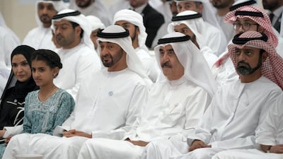 Sheikh Ammar bin Humaid, Sheikh Saud bin Rashid, Sheikh Mohammed bin Zayed, Sheikha Salama bint Mohamed and Dr Amal Al Qubaisi attend a lecture by Razan Al Mubarak. Hamad Al Kaabi / Crown Prince Court - Abu Dhabi