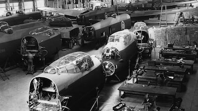 The assembly line where Lancaster bombers were constructed, in Manchester, 1943. Getty Images