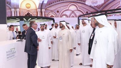 Sheikh Mohammed bin Rashid attends the second day of Saudi Arabia’s Future Investment Initiative. Dubai Media Office / Wam