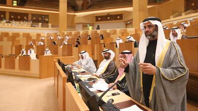 Hamad Al Rahoomi (Dubai) takes the floor during yesterday’s FNC meeting debating the Child Rights Law. Fatima Al Marzooqi / The National