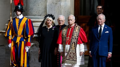 Pope Leo with King Charles and Queen Camilla during their visit to Vatican City. EPA