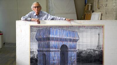 The late artist Christo in his studio in 2019 with a preparatory drawing for 'L'Arc de Triomphe, Wrapped'. Photo: Estate of Christo V Javacheff