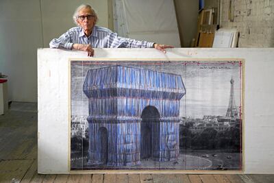 Christo in his studio in 2019 with a preparatory drawing for L'Arc de Triomphe, Wrapped. Photo: Estate of Christo V Javacheff